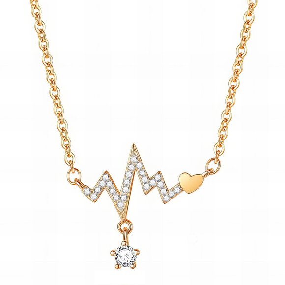 Heartbeat Pulse Necklace | 18K Gold Plated Stainless Steel | CZ Solitaire & Hear - Picture 1 of 1